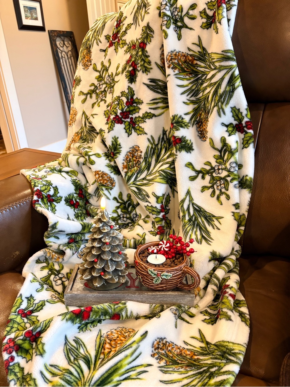3pc Holiday Pine & Holly Plush Throw Blanket - Green, lite Christmas tree & cup